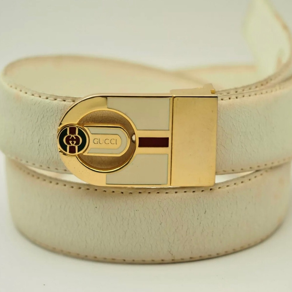 AUTHENTIC GUCCI VINTAGE MADE IN ITALY WHITE LEATHER LADIES' BELT with Dust bag